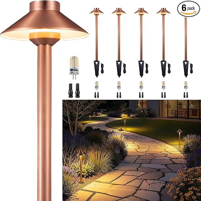 Gardenreet Brass Copper Low Voltage Pathway Lights, Waterproof Landscape Outdoor Path Light, 12V LED Bronze Hat Top Driveway Lamp for Garden Yard House with 3W 270LM 5000K G4 Bulb 6 Pack