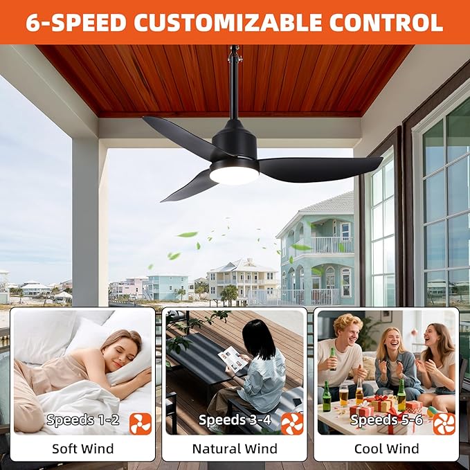 Outdoor Ceiling Fan with Light, 42 Inch Black Waterproof Outdoor Patio Fan with Remote Control, Reversible Quiet DC Motor, 3-Color Dimmable LED for Gazebo, Porch