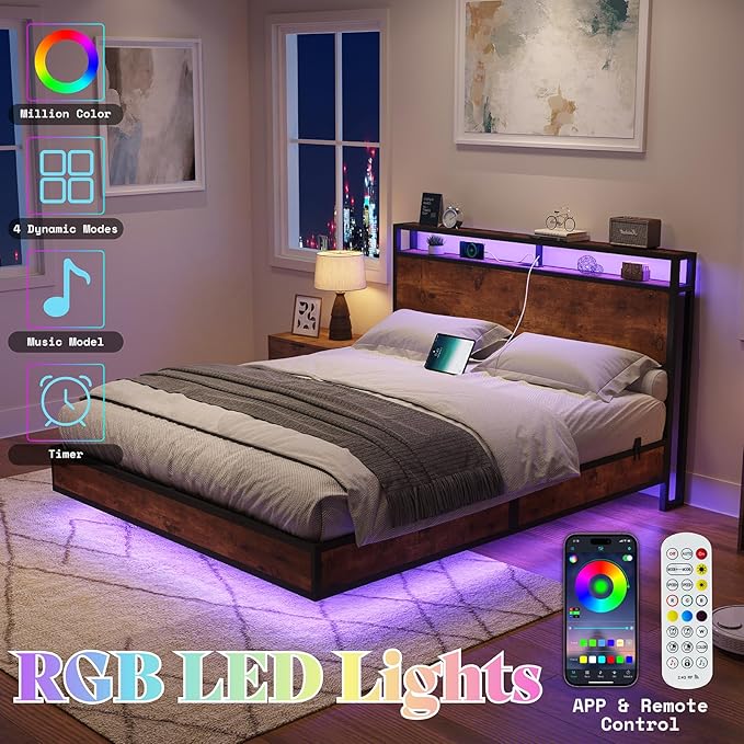 AMERLIFE Full Size Floating Bed Frame with 2-Tier Storage Headboard, Metal Bed Frame with Charging Station & LED Lights, No Box Spring Needed, Rustic Brown