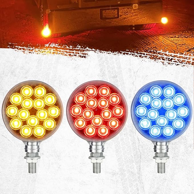 Partsam 2pcs 3" Dual Revolution Amber/Red/Blue Round Double Face 30 Diode Marker/Turn Signal and Auxiliary Led Pedestal Light with Chrome Housing Sealed Replacement for Peterbilt/Freightliner, 10-30V