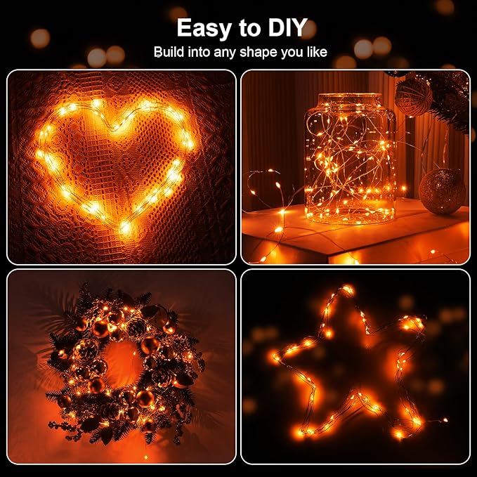 4 Pack 16.4ft Battery Operated String Lights with Timer, Orange with Synchronized Twinkle Mode, Fairy Lights Battery Powered, 50 LEDs, Idea for Christmas Bedroom Party Wedding