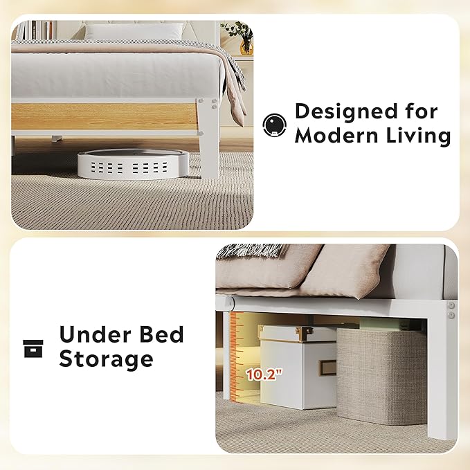 WLIVE Twin Bed Frames with Headboard, Upholstered Bed Frame with 2 Storage Shelves, Platform Bed with LED Lights and Charging Station, 600LBS Mattress Foundation, No Box Spring Needed, Beige