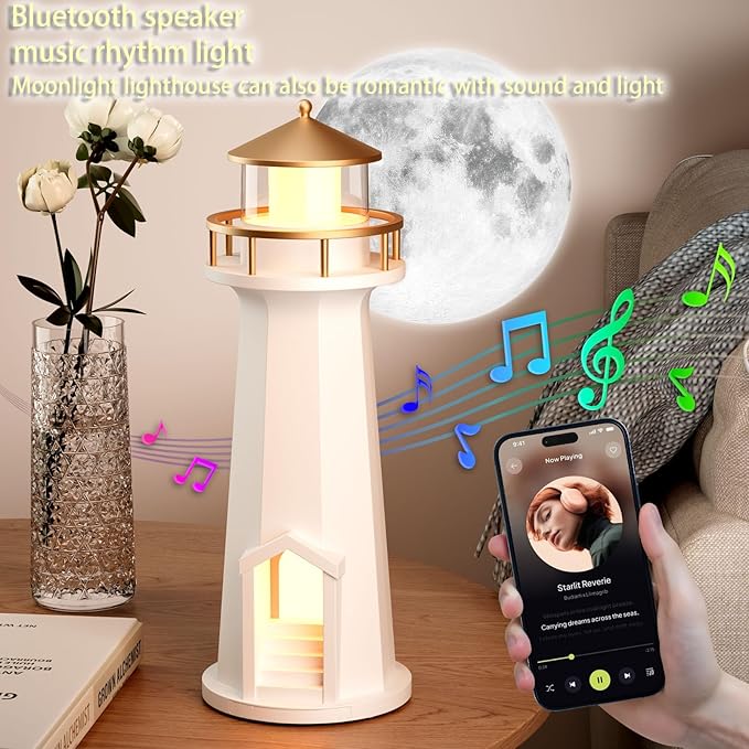 Light House Night Light with Speaker, Moon Projection Lamp, Wireless Phone Charger, Ambient Light