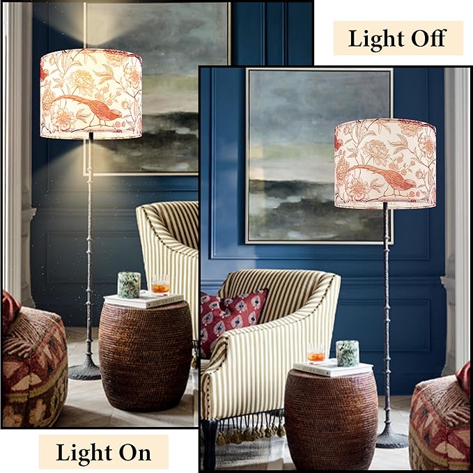 GO&SO 1 Pack Floral Bird Large Drum Lamp Shade,1.65"Spider E27 Base,16" x16" x12",Printed Pattern Design,DIY Assembly with Multi-Adapter (E26/E14/10mm),Ideal for Floor/Table Lamps/Pendant Lighting