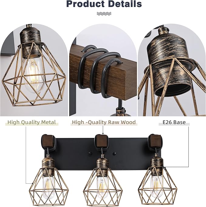 Farmhouse Bathroom Vanity Light Fixtures, 3-Light Wood Bathroom Light Fixtures Over Mirror, Rustic Sconces Wall Lighting with Elegant Metal Lampshade for Living Room, Bedroom, Hallway