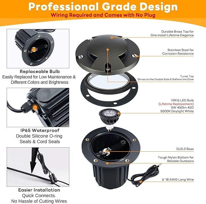 Gardenreet LED Well Lights Low Voltage - Brass In-Ground Weatherproof Ip65 12V Lighting, Electric Light, Antique Bronze for Yard Walkway Garden with 5000K Daylight White MR16 Bulb