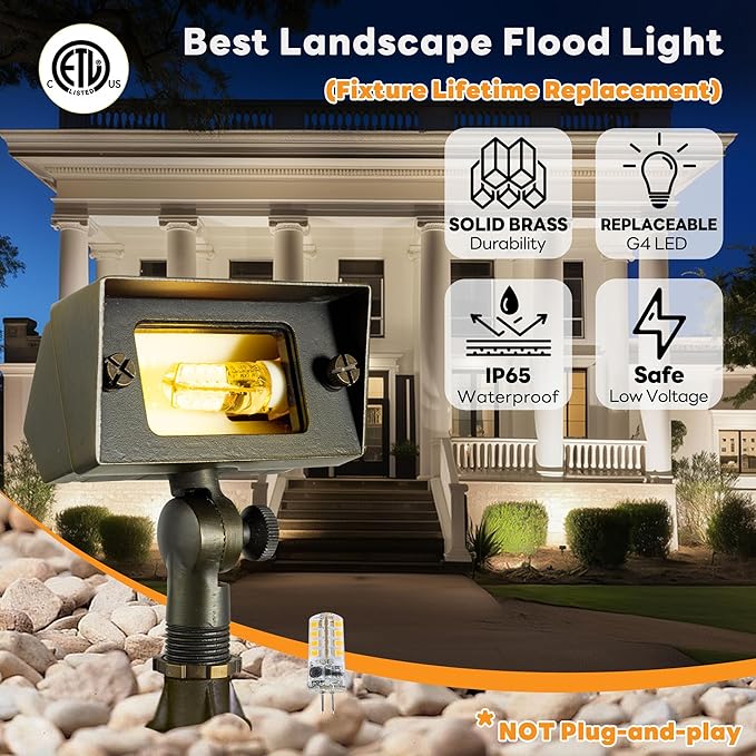 Gardenreet Brass Wall Wash Light - LED Outdoor Low Voltage Flood Lights, 12V Landscape Hardwired IP65 Waterproof, Angle Adjustable Bronze Lighting for Tree Wall with 4000K 3W 270LM G4 Bulb 12 Pack