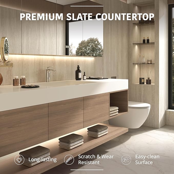 60" Modern Floating Bathroom Vanity Set with Sink, LED Smart Mirror Cabinet, 3 Soft-Close Drawers and Open Storage Shelves, Light Walnut