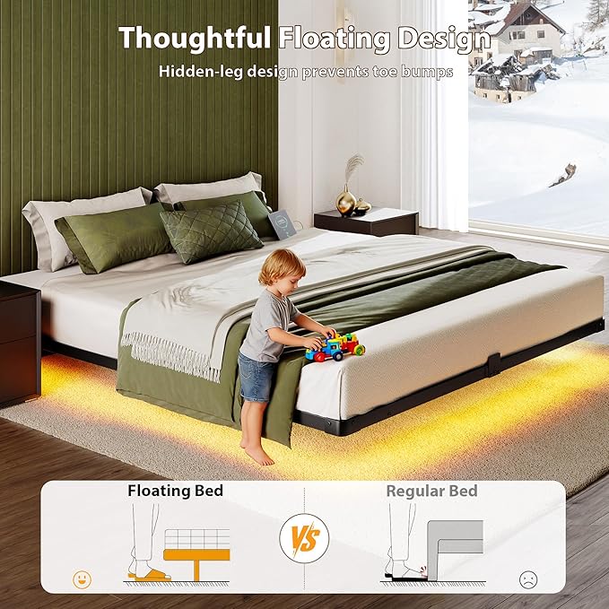 Bed Frame Queen Size, Floating Queen Bed Frame with LED Lights & Charging Station, Modern Metal Platform Bed Frame with Mattress Slide Stopper, Noise-Free, No Box Spring Needed, Easy Assembly