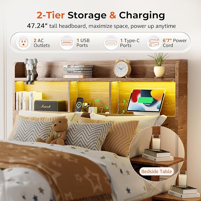 Full Size Bed Frame with 2-Tier Storage Headboard, LED Lights, Charging Station, 2 Drawers, 800lbs Capacity, Wood & Metal Platform, Noise-Free, No Box Spring Needed, Barn Door Design
