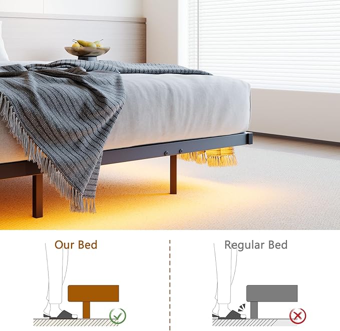 HOJINLINERO Floating Queen Bed Frame with Headboard&Storage Shelf,Ergonomic Queen Size Bed Frame with USB Charging& LED Lights,Platform Bed Frame Noise-Free Metal Slats | Modern Bedroom Design