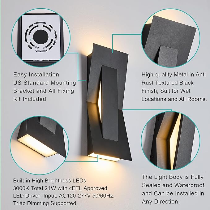 2 Pack LED Outdoor Wall Lights Dimmable, 3000K, 15" Modern Black Outdoor Wall Sconce, ADA Compliant, IP65 Waterproof, Boat Design Exterior Wall Light for Entrance, Hallway, Garage, Porch