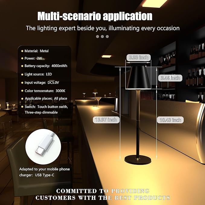 LED CordlessTable Lamp,4000mAh Rechargeable Battery Desk lamp,3 Level Brightness Beside Night Light, Minimalist Design, for Couple Dinner/Coffee Table/Restaurant/Bedroom(Black 4pack)