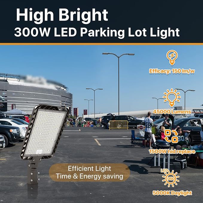 300W LED Parking Lot Lights 2Pack 45000lm Quick Installation Shoebox Light Slip Fitter Mount Dusk to Dawn Photocell Outdoor Commercial Street Area Lighting for Road, Playing Field, 120-277V
