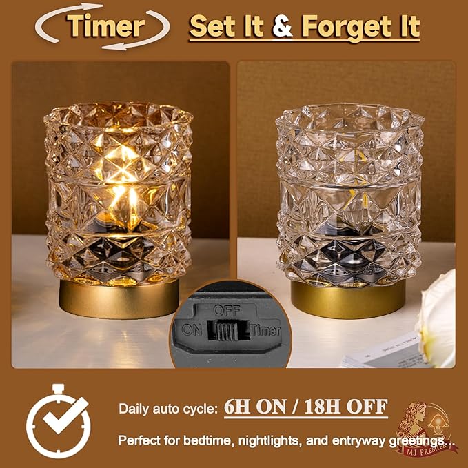 Battery Operated Lamp with Timer, Cordless Table Lamps for Shelf Decor, Rhombus Texture Aesthetic Crystal Lamp, Small Decorative Lamps for Bedroom/Bathroom/Kitchen/Entryway/Dorm (2 Pack Clear)