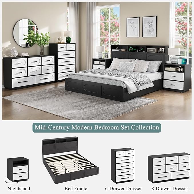 Black King Bed Frame with Storage Drawers, King Size Bed Frame with 48" Tall Storage Headboard and Charging Station, Platform Bed with LED Lights, No Box Spring Needed, Easy Assembly
