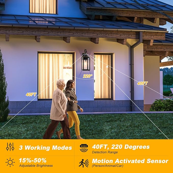 Large Motion Sensor Outdoor Wall Light 20" - Black Dusk to Dawn Outdoor Lighting, Modern Wall Mount Light Fixture, Waterproof Porch Light Fixture for Outside House Garage, 3 Modes (with Gold Trim)