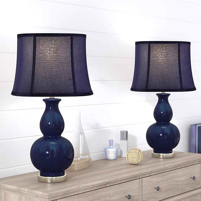 GOSO Large Drum Lamp Shade Blue Faux Silk Lamp Shades-Square Foldable Lampshades for Floor Lamps Table Lamp- 12x14x10 inch (Spider) Natural Fabric Lamp Shade Replacement Modern Shade-Easy Assembly