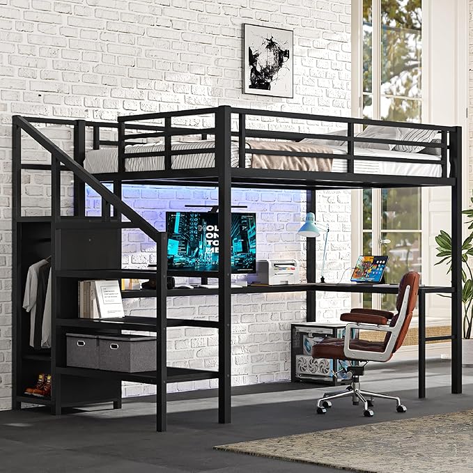 Bellemave Full Size Metal Loft Bed with L Shaped Desk and Wardrobe, Heavy Duty Loft Bed Frame with Storage Stairs, LED Loft Bed Frame with Charging Station & Safety Guard, Space Saving Loft Bed, Black