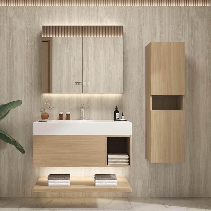 48" Modern Floating Bathroom Vanity Set with Sink, Side Cabinet, LED Smart Mirror Cabinet, Soft-Close Drawer & Open Storage Shelves, Light Oak