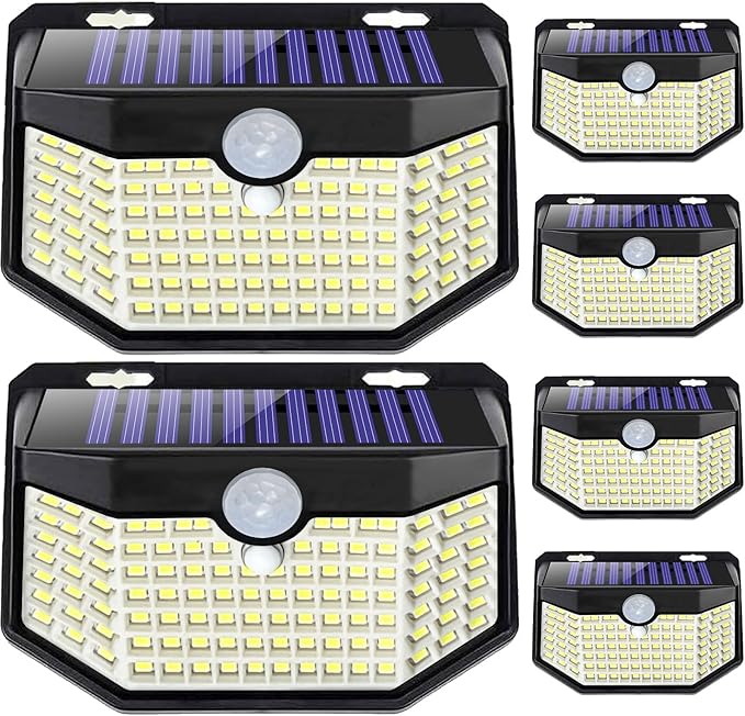 HMCITY 120 LED Outdoor Solar Lights with Motion Sensor and 3 Lighting Modes, IP65 Waterproof Wide Solar Wall Lights Ideal for Garden Patio Yard (Front Button 6Packs, Daylight White, 6500K)