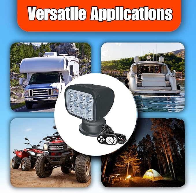 SEAFLO 360° Rotating Remote Control LED Searchlight, 10-30V, Auto-Reset, IP66 Waterproof, Marine Spotlight for Boats, Truck, Vehicles, CE & Rohs Certified (Wired Remote/Black//Warm Light 2700K)