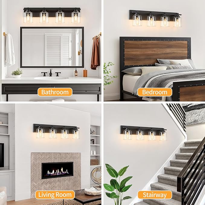 4 Light Modern Bathroom Light Fixtures Over Mirror, Black Vanity Lights for Bathroom Wall Sconces with Clear Glass Shades, E26 Socket (Bulbs Not Included)