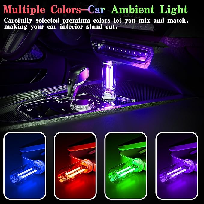 4 PCS Car USB Light Blub, Plug-in LED Ambient Lighting with Touch Dimming. The Brightness Can Be Adjusted Making It for Cars, Bedrooms, Hallways(2 Green&2 Purple)