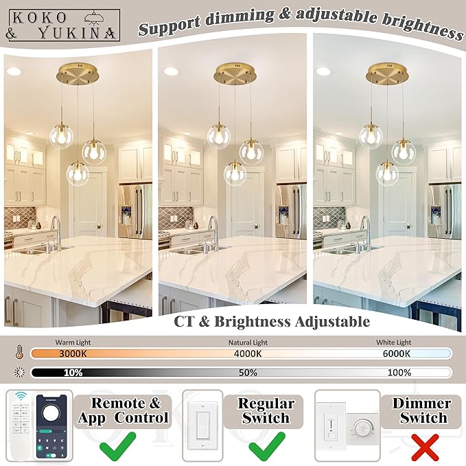 KoKo&Yukina 3-Light Globe Glass Pendant Light Modern Gold Clear Globe Glass Chandelier Adjustable Length Pendant Lights Fixtures High Ceiling Light for Kitchen Island Foyer (Bulb & Remote Incl.)