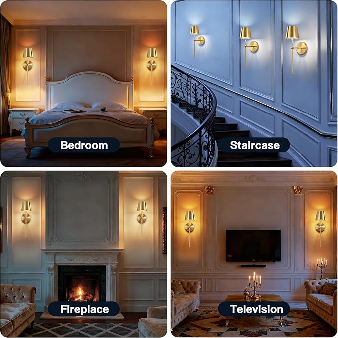 Battery Operated Wall Sconces Set of 2, Wireless Wall Sconce with Remote Dimmable Timer, Rechargeable 5200mAh, Cordless Gold Wall Light for Bedroom Living Room, Hallway, Light Decor