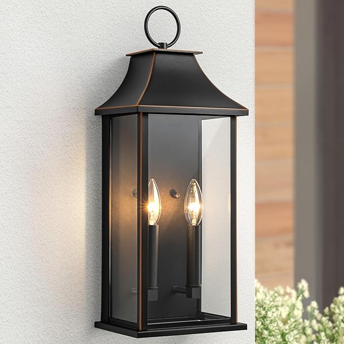 Outdoor Wall Lights, Dusk to Dawn Large Outside Wall Lantern Sconce, Modern Fixture with Brown Trim, Exterior Lamp for House, Porch, Garage, 2-Light (20.6 Inch, Black)