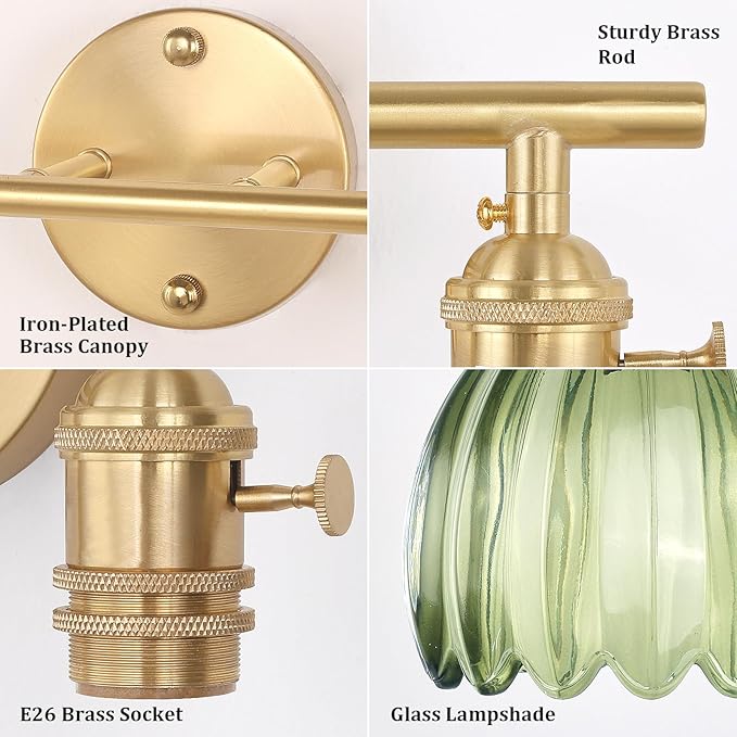 Battery Operated Bathroom Light Fixtures, 2-Light Brass Vanity Wall Light with 5000mAh Rechargeable Bulb Over Mirror with Green Tulip Glass Shade for Bedroom Living Room