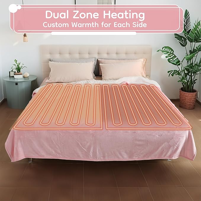 Electric Heated Blanket Queen Size - 84"x90", Soft Flannel Heating Blanket, 10 Heating Levels, 1-12 H Auto Shut Off, Dual Controllers, Breathable Warm and Washable for Bed, Light Pink