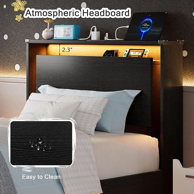 Twin Bed Frames with LED Lights and Charging Station - Wood Floating Bed Frame with Storage Headboard, Adhesive Slats, Kick-Free & Noise-Free Design, Easy Assembly, Black