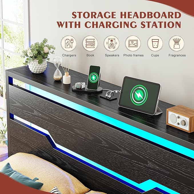 Full Size Bed Frame with LED Lights & Charging Station, Bed Frame Full with Storage Headboard,13" Under Bed Storage, No Box Spring Needed,No Noise, Easy Assembly,Modern Black