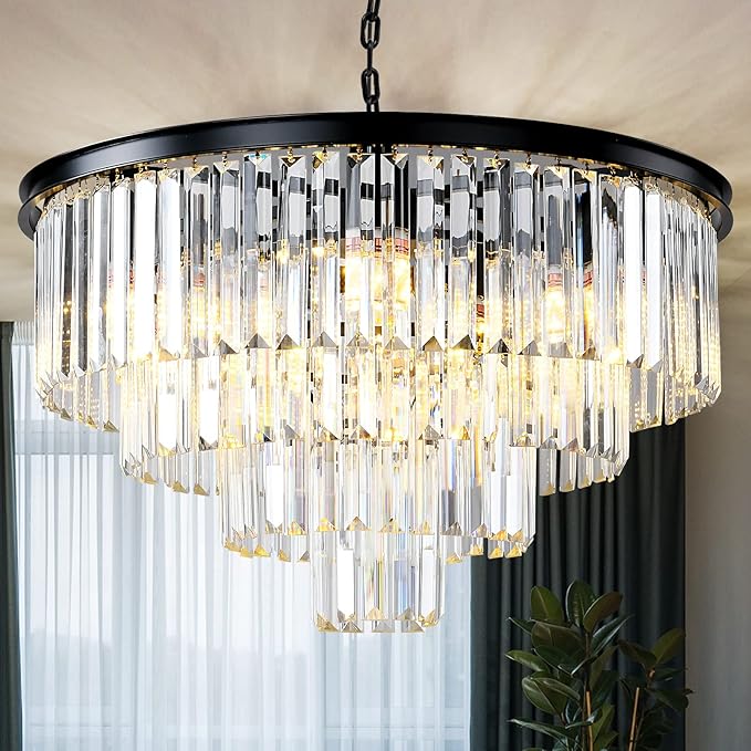 Black Modern Crystal Chandelier, 4-Tier Round Flush Mount Ceiling Light Fixtures Height Adjustable Pendant Lighting for Dining Room Living Room Bedroom Kitchen Hotel Foyer