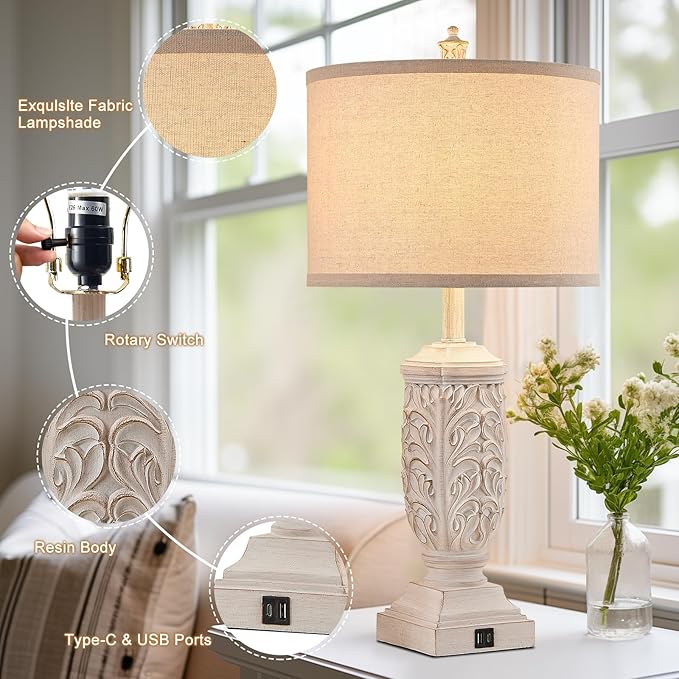 Table Lamps Set of 2 for Living Room, Farmhouse Bedside Lamp with USB C+A for Bedroom, 28.5" Tall Rustic Nightstand Lamps with Linen Fabric Shade,White Elegante Lamps for Hotel Office Decor