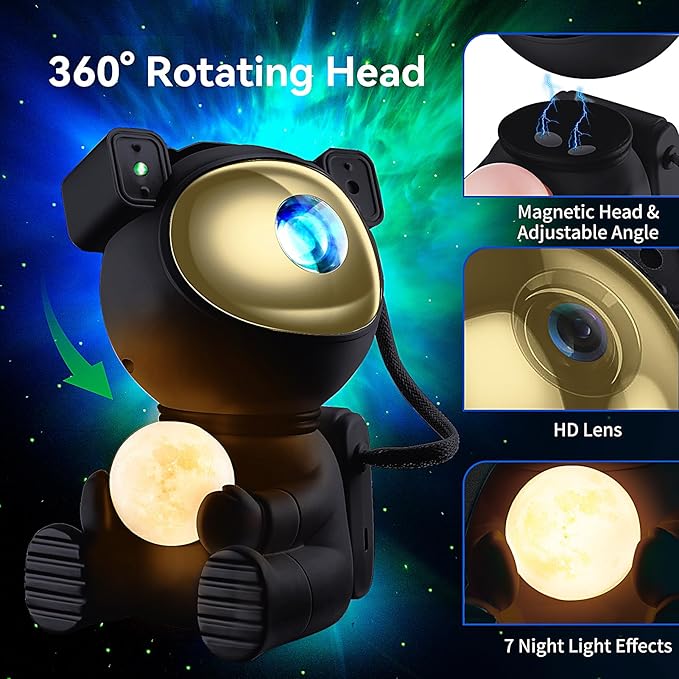 Astronaut Galaxy Projector, 2 in 1 Star Projector Galaxy Light with Moon Night Light, 360° Adjustable Light Projector with Remote Control, Gifts for Kids/Adults, Decor for Bedroom/Home/Party(Black)