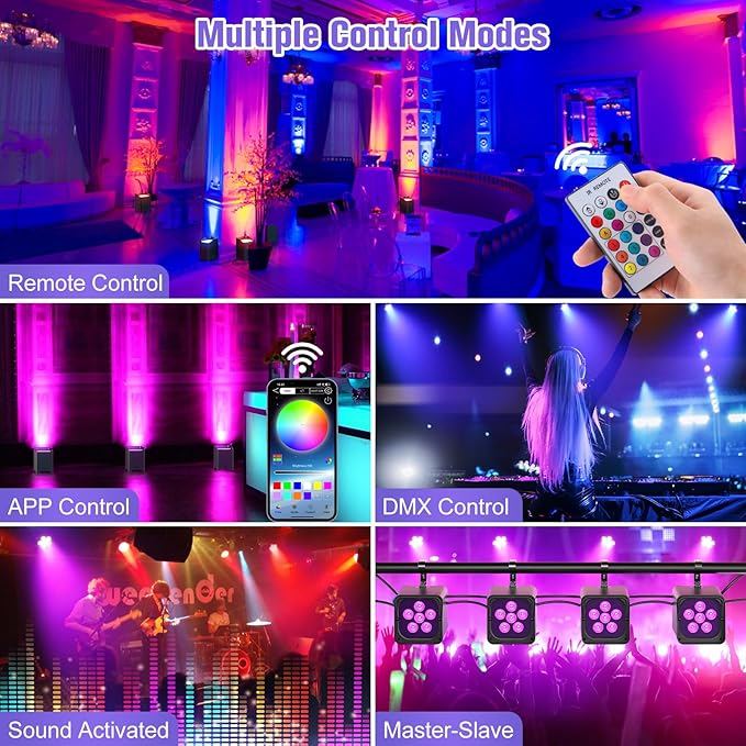 Rechargeable Battery Powered Stage Lights, 6-in-1 RGBWA+UV, 108W 9600mAh 6LED Par Lights DMX/APP/Remote/Strobe Wireless Uplights for Events, Church, Wedding, DJ, Live Show, Party