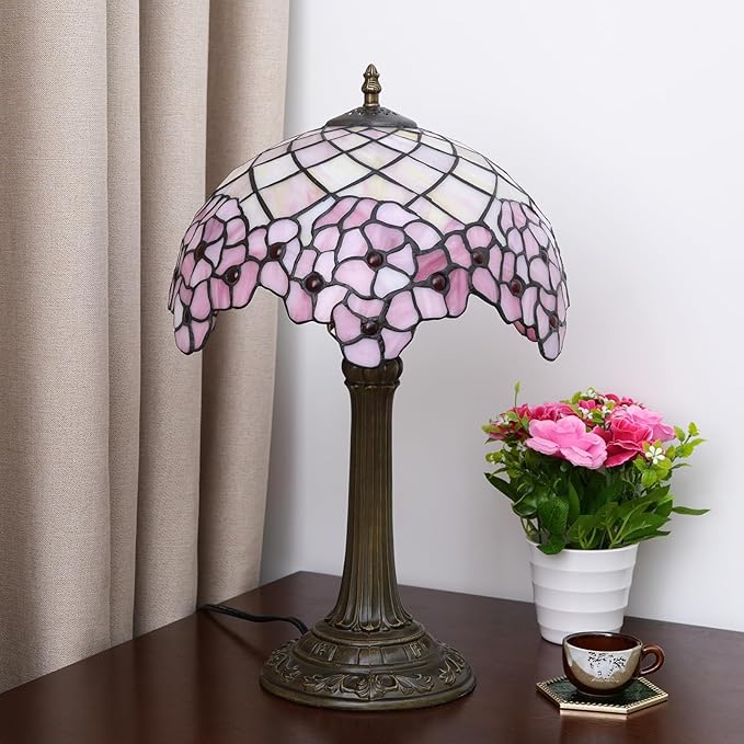Tiffany Lamp - Cherry Blossom Stained Glass Table Lamp 12x12x18 Inches - Cherry Blossom Style Desk Reading Light - Bedroom & Living Room Decor