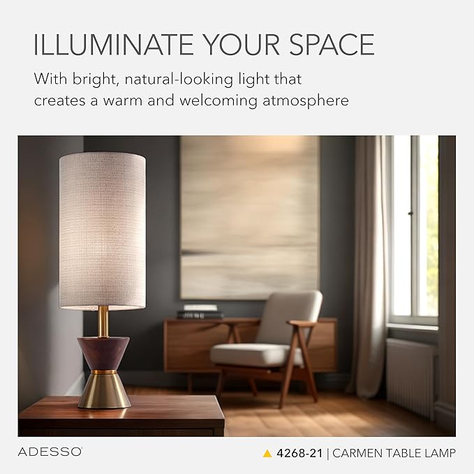 Adesso Table Lamp with Antique Bronze and Walnut Base, Beige Fabric Lampshade – 3-Way Adjustable Brightness, Bedside Table, Home Office Lighting or Living Room Decor, 23” x 8”