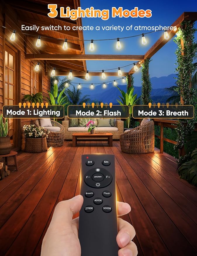 Brightever 60FT Outdoor String Lights with Remote, 3 Color in 1 LED String Lights for Outside with 19 Shatterproof ST38 LED Bulbs, 3 Modes 2 Timer Outside Lighting for Patio, Deck, 2700K/4000K/5000K