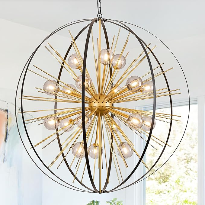 43.2" Extra Large Modern Black Gold Sputnik Chandelier Mid Century 18 Lights Tall Ceiling Firework Globe Pendant Light with Smoke Class Lampshades for Foyer Staircase Entryway Living Room