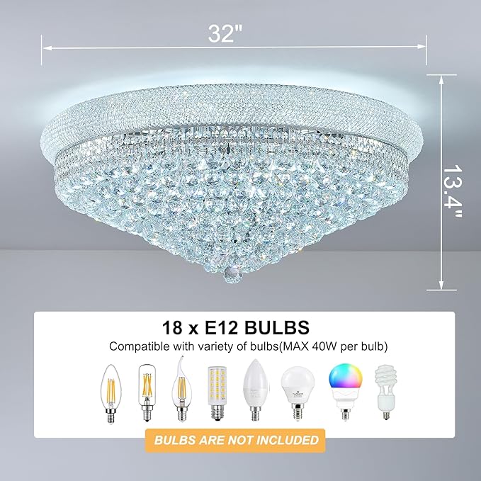 18 - Light Crystal Flush Mount Chandelier Ceiling Light Fixture for Living Room Dining Room Entryway Foyer Chrome Finish