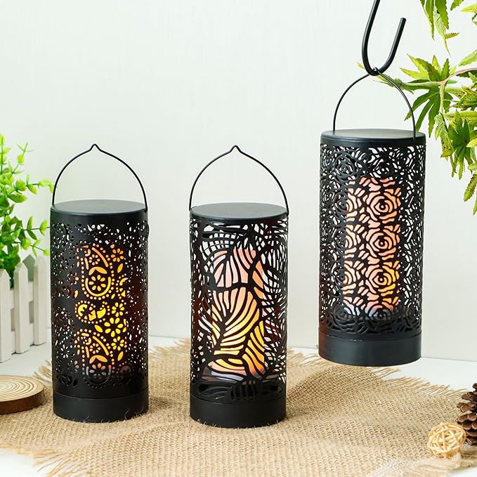 TRIROCKS Set of 3 LED Cordless Metal Lantern with Timer 7" H Moving Flame Lamp Battery Operated Breathing Lamp Floral Hollow LED Hanging Lighting for Indoor/Outdoor Patio Garden Party Gift
