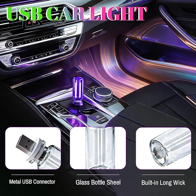 4 PCS Car USB Light Blub, Plug-in LED Ambient Lighting with Touch Dimming. The Brightness Can Be Adjusted Making It for Cars, Bedrooms, Hallways(2Blue&2Purple)