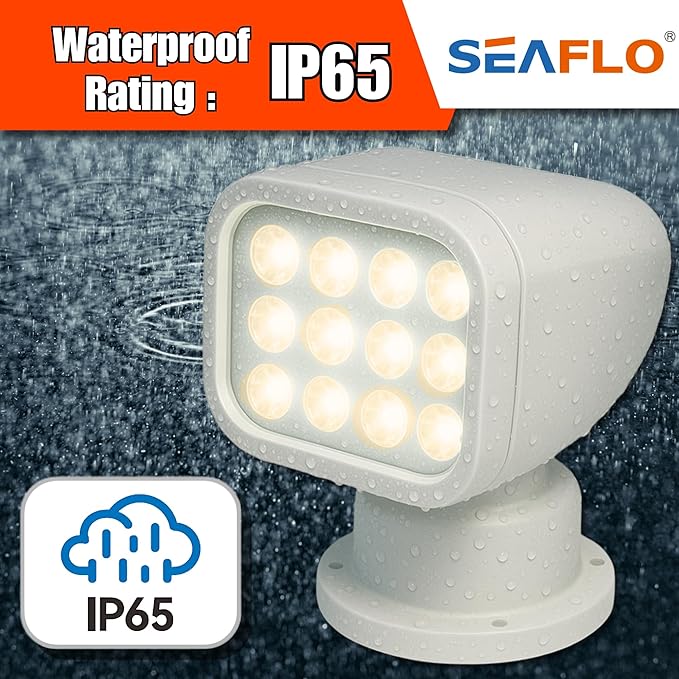 SEAFLO 360° Rotating Remote Control LED Searchlight, 10-30V, Auto-Reset, IP66 Waterproof, Marine Spotlight for Boats, Truck, Vehicles, CE & Rohs Certified (Wireless Remote/White//Warm Light 2700K)