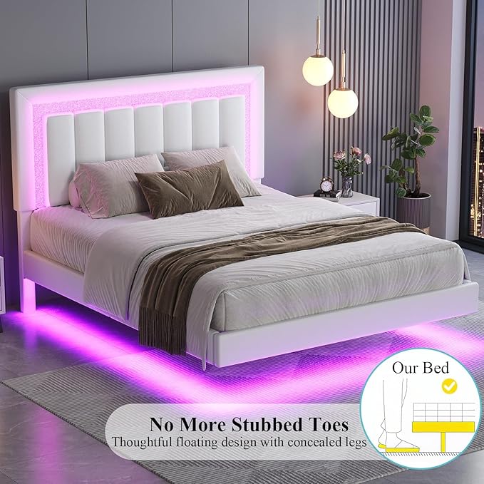 HOMBCK Floating Bed Frame Queen with Smart LED Lights, Faux Leather Upholstered Bed with Diamond PU Headboard, No Box Spring Needed, Noise-Free, Easy Assembly, White