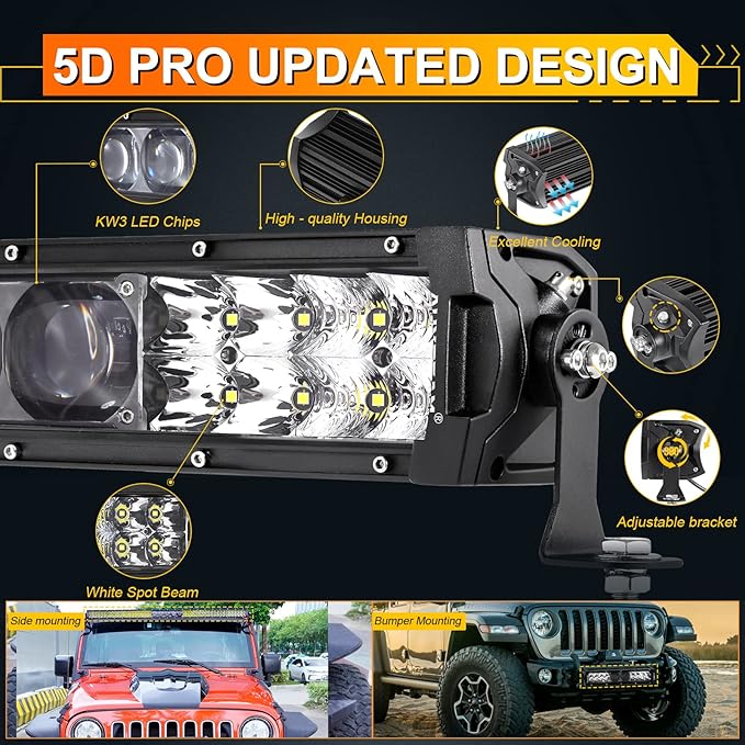 Auxbeam 12Inch Led Light Bar 100W 12000LM 5D Pro Lens Off Road Driving Light Spot Flood Combo Fog Light with 10FT Wiring Harness Kit (Professional Grade Outdoor Lighting Source P8 LED)