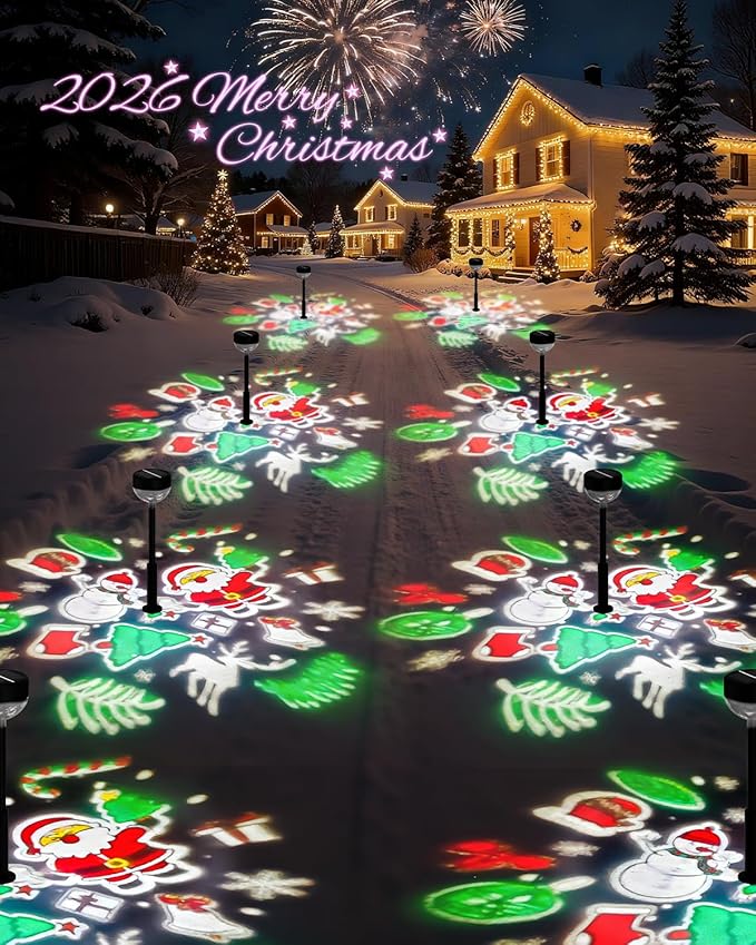 Solar Pathway Lights 8Pack, 1200mAh Solar Garden Lights 2 Themes (Christmas & Flower), Height-Adjustable, Waterproof LED Outdoor Projection Lights for Yard Lawn Backyard Walkway Landscape Decorative